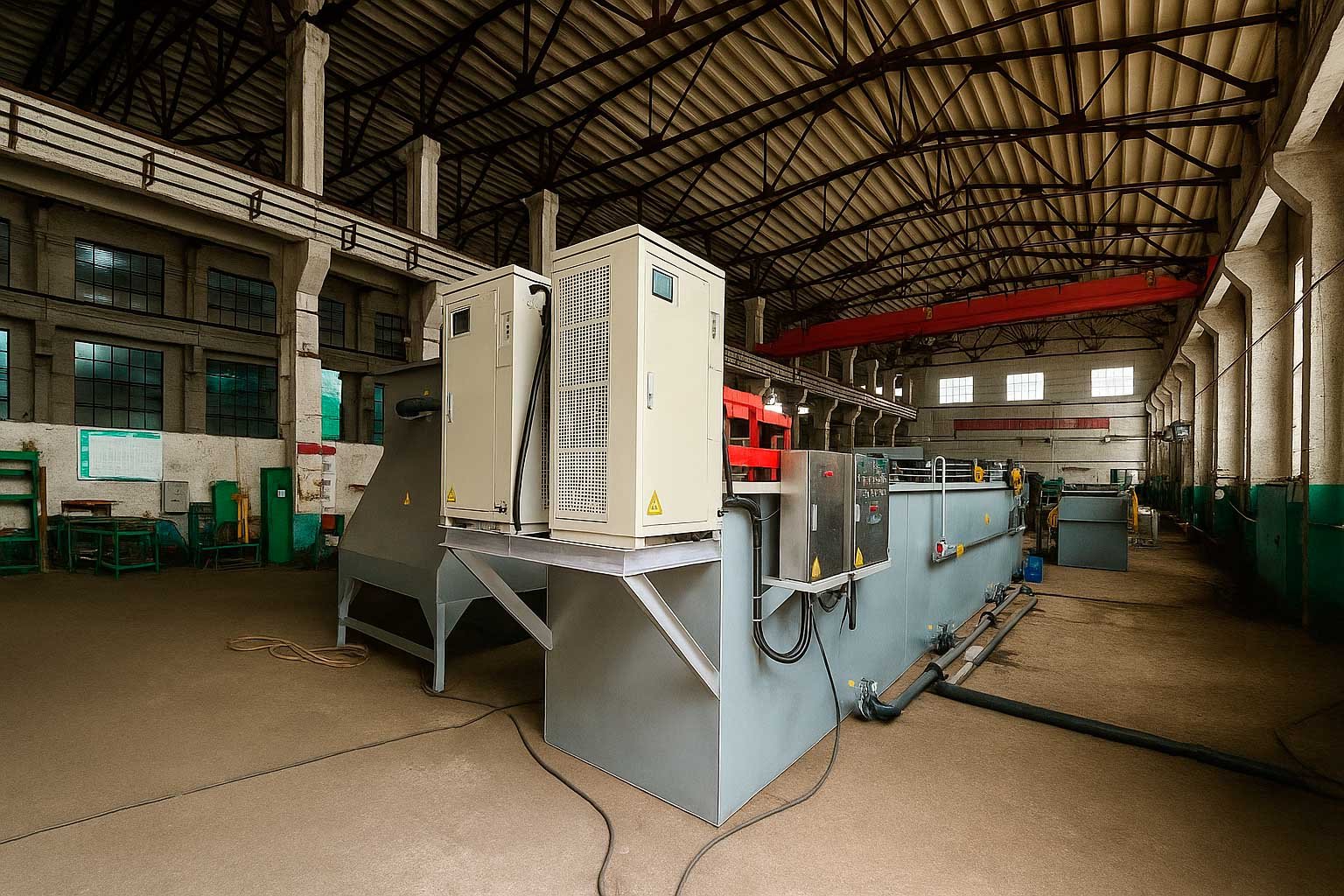 Técnico inspeccionando una planta de tratamiento de aguas residuales modular de color verde marca BIOMAX SYNERTECH, que incluye módulos de pretratamiento, decantación, DAF y oxidación avanzada. La planta está ubicada en un entorno industrial con techo alto y tuberías visibles. - ver más información