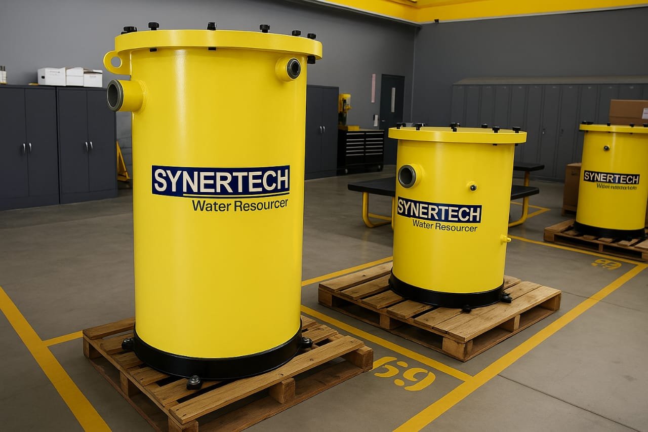 Camión rojo de plataforma larga transportando un gran decantador amarillo de la marca 'SYVERTECH' para el tratamiento de aguas residuales complejas, estacionado en una calle urbana con edificios y cielo despejado al fondo. - ver detalles